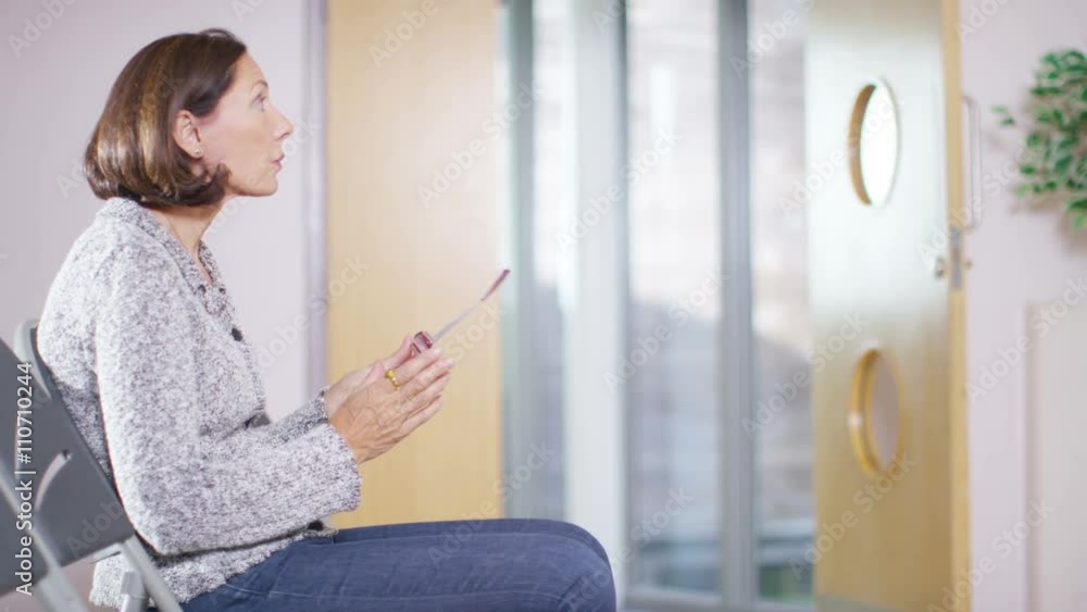 Worried woman sits alone in hospital waiting area and waits to get news from the doctor. Shot on RED Epic. Worried woman sits alone in hospital waiting area and waits to get news from the doctor. Shot on RED Epic.