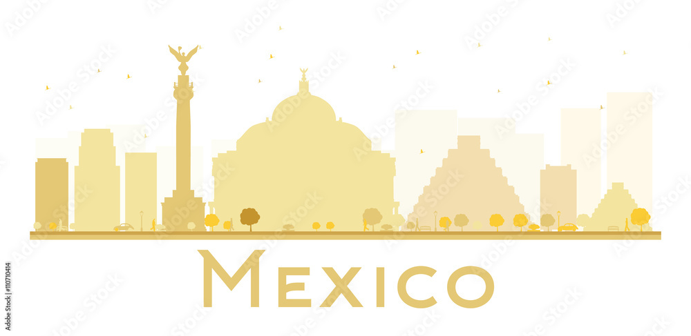 Mexico City skyline golden silhouette.