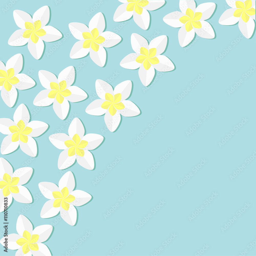 Tropical flower icon set. in the corner Plumeria Frangipani Hawaii, Bali plant Flower frame. Blue background. Flat design Tropical flower icon set. in the corner Plumeria Frangipani Hawaii, Bali plant Flower frame. Blue background. Flat design