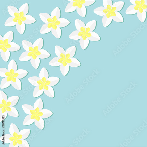 Tropical flower icon set. in the corner Plumeria Frangipani  Hawaii, Bali plant Flower frame. Blue background. Flat design