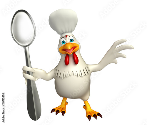  Hen cartoon character with chef hat and spoons © visible3dscience