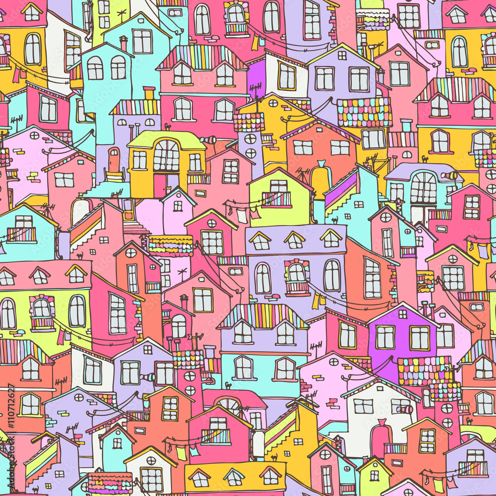 Hand drawn background with doodle houses.