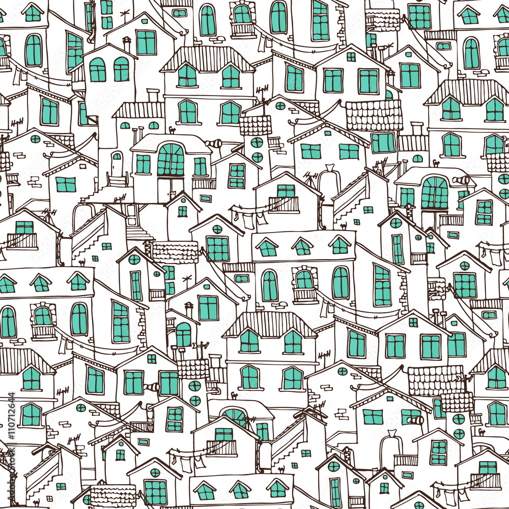 Hand drawn background with doodle houses.