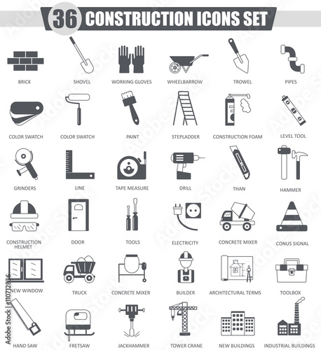 Vector Construction and building tools black icon set. Dark grey classic icon design for web.