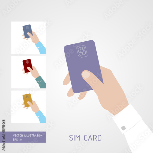 Hand holding SIM card. SIM card icon flat style.