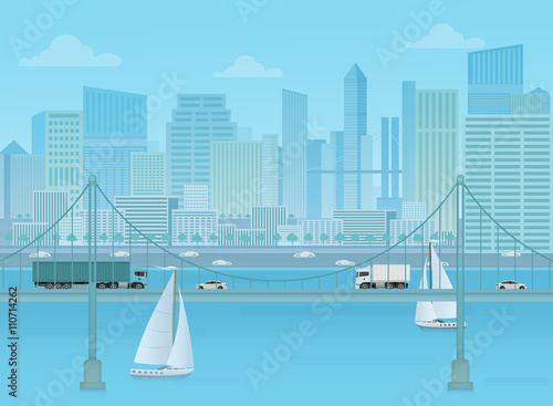 Amazing Bridge with trucks and cars on the modern city cityshape background.