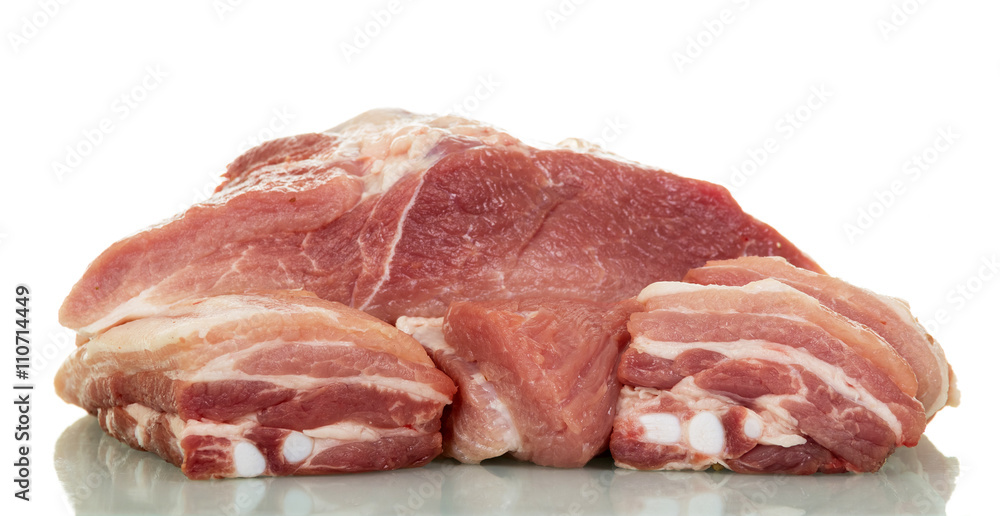 Fragments  fresh raw pork meat isolated on white background.