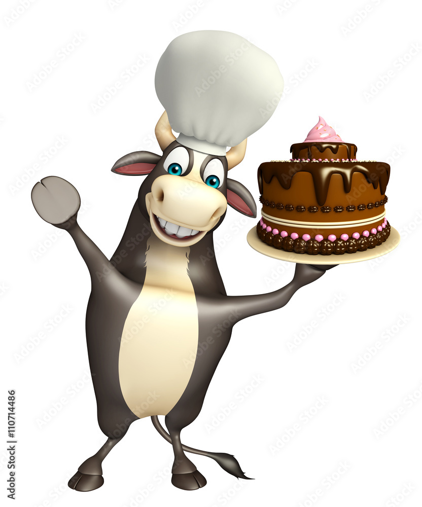 Fototapeta premium Bull cartoon character with cake and chef hat