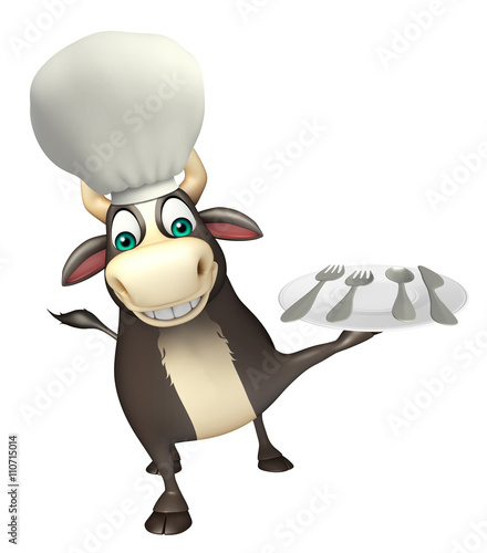 Bull cartoon character with chef hat and dinner plate © visible3dscience