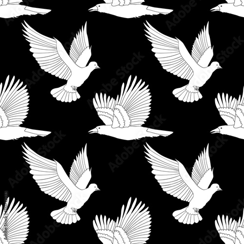 Seamless pattern with flying raven and dove. 