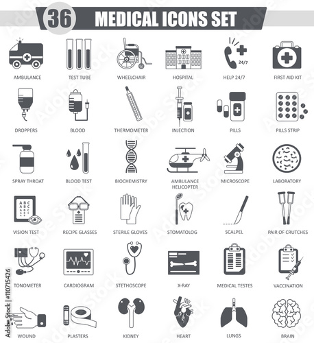 Vector Medical black icon set. Dark grey classic icon design for web.