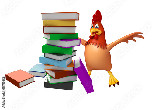 3d rendered illustration of Hen cartoon character with books photo