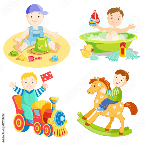 Boy playing. Child toys. Bath, sandpit, toy horse and train.