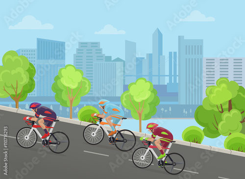 Cyclist man on race bicycle ride up the road in city park concept. 