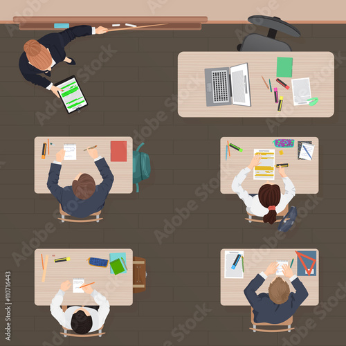 Classroom modern lesson in school, university or college. Flat color design. Top view.