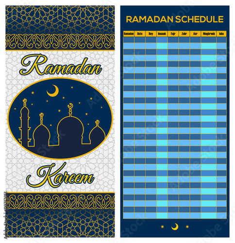 Ramadan Calendar Schedule - Fasting, Iftar and Prayer time table Guide. Translation: Holy Ramadan. Morning, Sunrise, Noon, Afternoon, Evening, Night photo