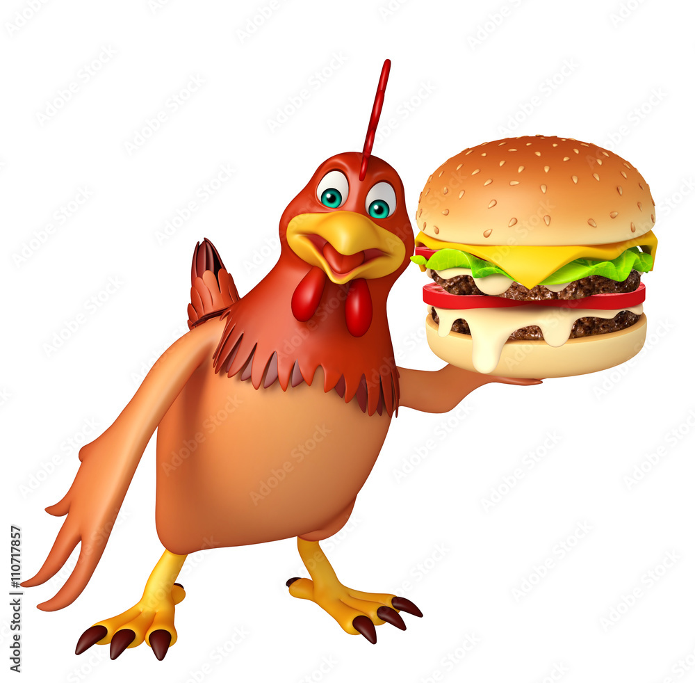 Fototapeta premium 3d rendered illustration of Hen cartoon character with burger