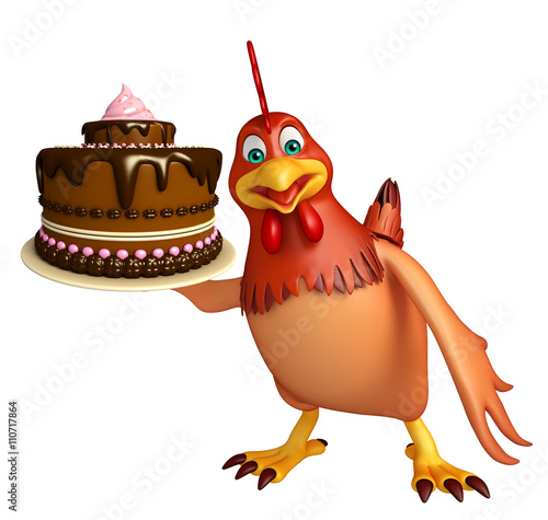 3d rendered illustration of Hen cartoon character with cake photo