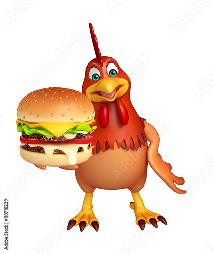 3d rendered illustration of Hen cartoon character with bueger photo