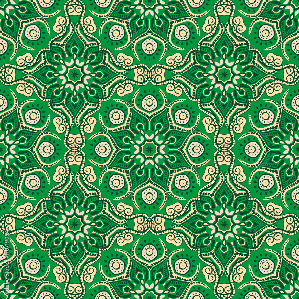 Seamless pattern. Decorative pattern in beautiful beige and emerald colors. Vector illustration