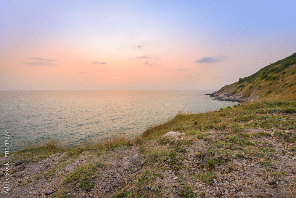 Fototapeta premium Long exposure shot. Sea scape with stone beach at Thailand