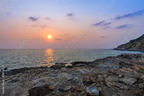 Long exposure shot. Sea scape with stone beach at Thailand