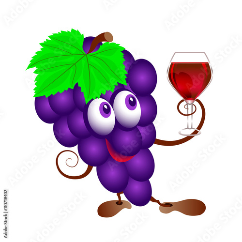 Grapes and  wineglass. Funny cartoon bunch of juicy purple grape fruit character with  wine glass. Isolated.