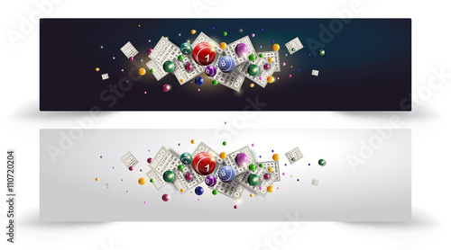 Vector illustration of flying Bingo or lottery balls and cards.