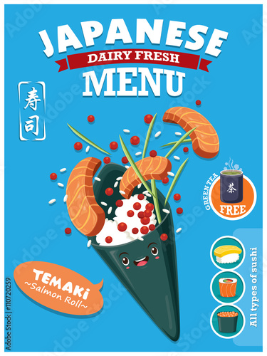 Vintage Sushi poster design with vector sushi character. Chinese word means sushi.