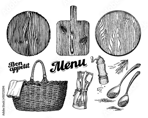 cutting or chopping board, wicker basket, tableware. vector illustration