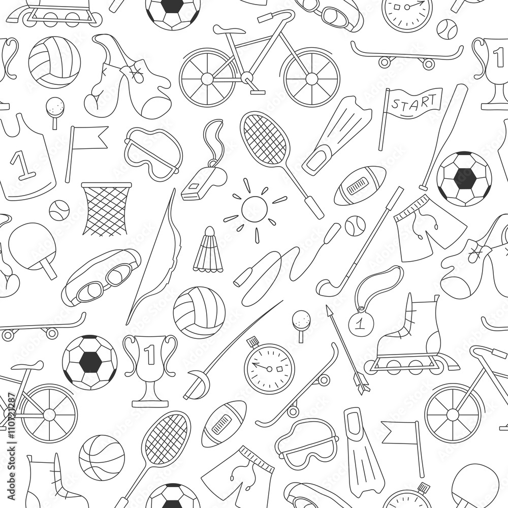 Seamless pattern on the theme of summer sports, simple icons dark outline  on a light background Stock Vector | Adobe Stock