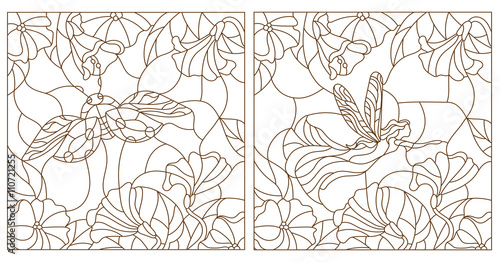 Set contour illustrations in the stained glass style ladybug and fairy on a background of leaves and flowers