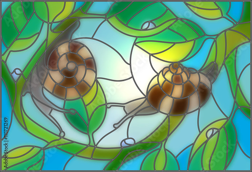 Stained glass illustration of a snail on a branch against the sky and the sun photo