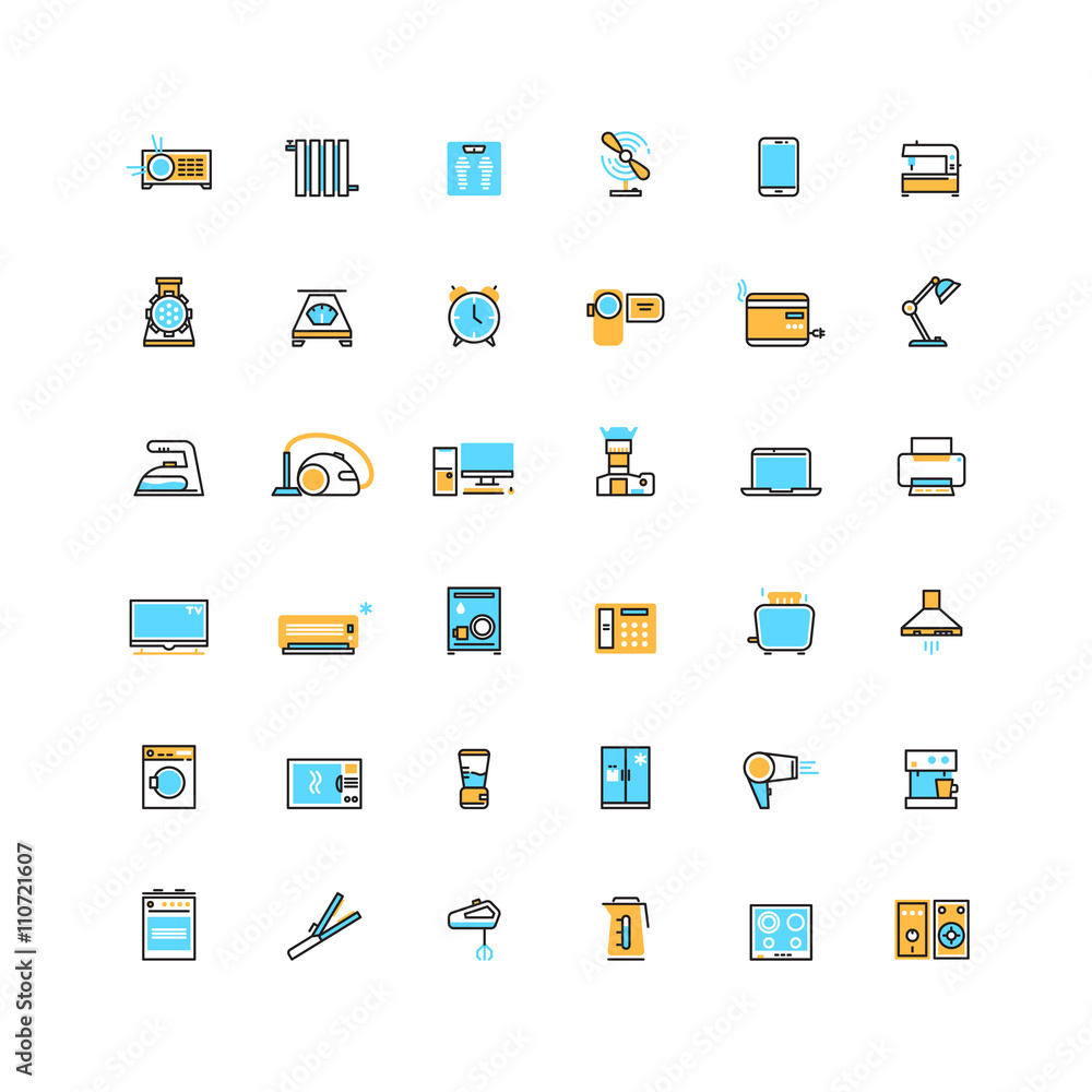 Home appliances and electronics devices vector icons. Electronic appliance for home and device technology appliance microwave and refrigerator illustration Home appliances and electronics devices vector icons. Electronic appliance for home and device technology appliance microwave and refrigerator illustration