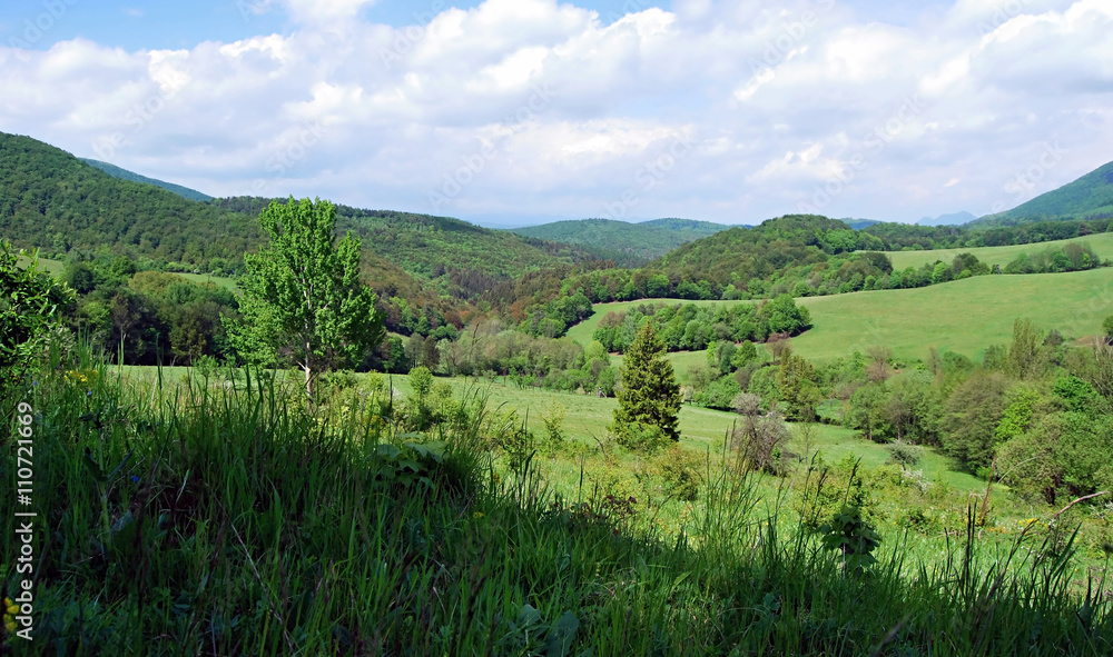 spring mountain meadow with trees and hills around in Strazovske vrchy mountains in Slovakia with blue sky and clouds