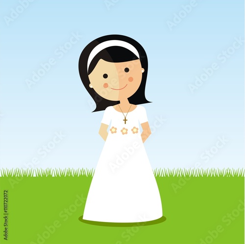 Recordatorio de primera comunión y una niña con vestido blanco