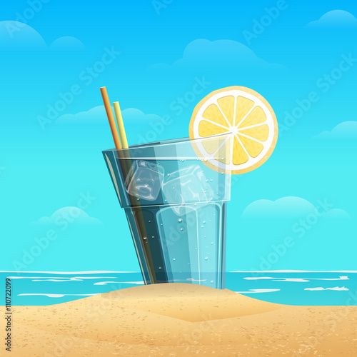Glass with lemonad on sea background