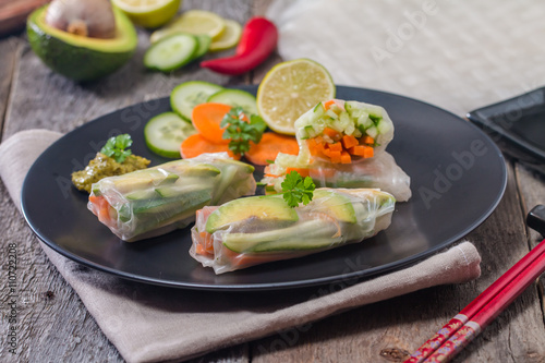 Spring rolls with vegetables and avocado 