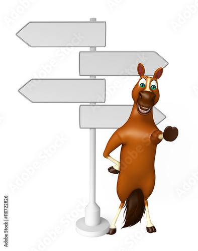 Fototapeta Naklejka Na Ścianę i Meble -  fun Horse cartoon character  with way sign