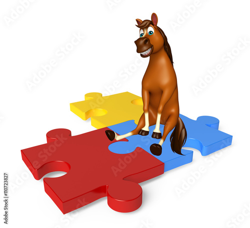 Fototapeta Naklejka Na Ścianę i Meble -  cute Horse cartoon character with puzzle sign