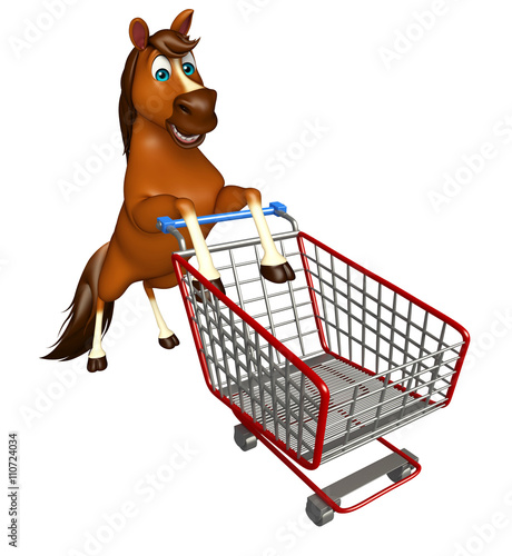 Fototapeta Naklejka Na Ścianę i Meble -  fun Horse cartoon character with trolly