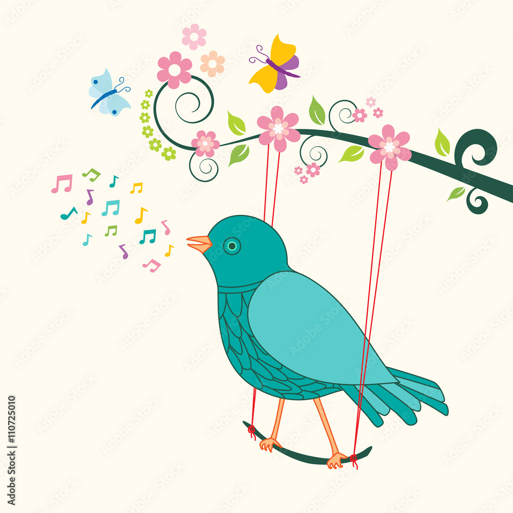 Singing bird on swing - birdsong