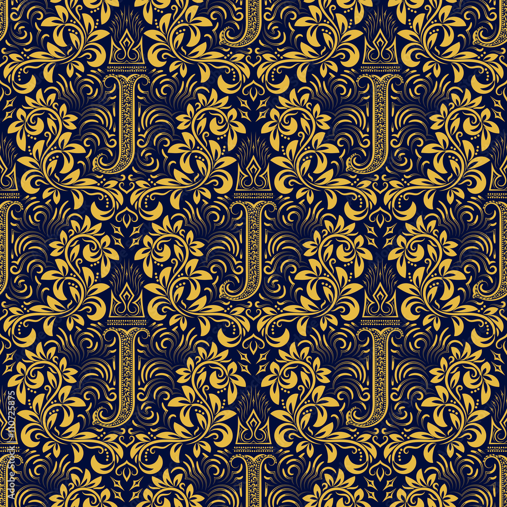 Damask Seamless Pattern Repeating Background. Golden Olive Floral Ornament  With Y Letter And Crown In Baroque Style. Antique Golden Repeatable  Wallpaper. Royalty Free SVG, Cliparts, Vectors, and Stock Illustration.  Image 93467642.