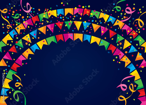 Dark background with many colorful flags and confetti on top