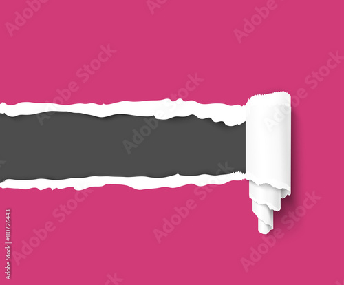Pink Torn paper frame with paper roll and ripped edges for text. Vector colorful torn paper background with dark copyspace and ripped torn paper edges. Torn paper template for sale promo and ads