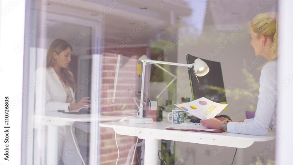 Businesswomen working in modern office, view from outside looking in Businesswomen working in modern office, view from outside looking in