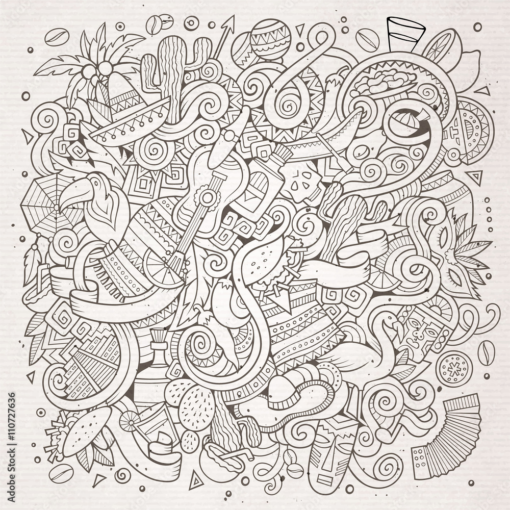 Naklejka premium Cartoon hand-drawn doodles Latin American illustration. Line art