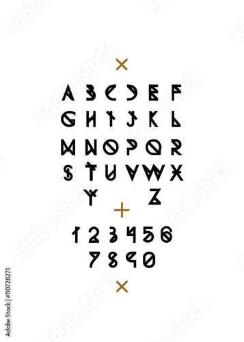 Latin alphabet with numbers. black line letters on white background.  Vector font. Vector alphabet.