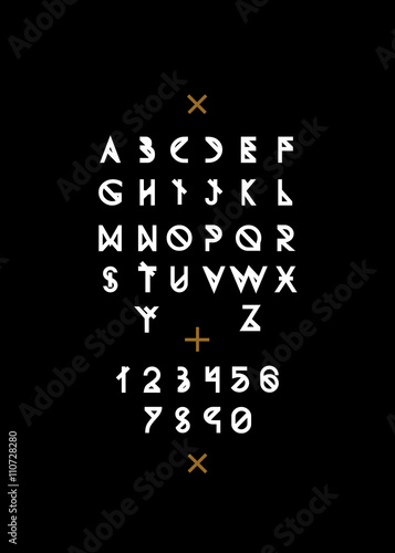 Latin alphabet with numbers. White line letters on black background. Vector font. Vector alphabet.