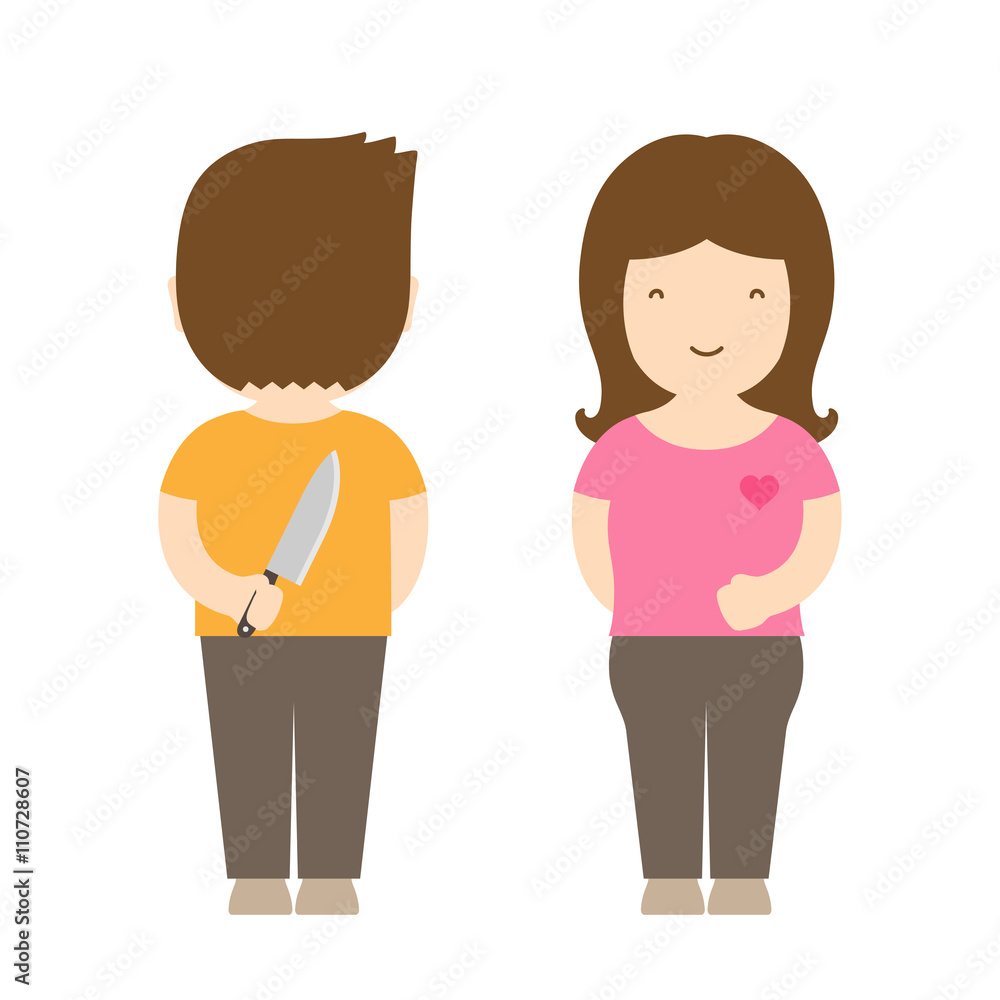 Fototapeta premium Smile couple have wicked intentions with knife behind, couple life concept